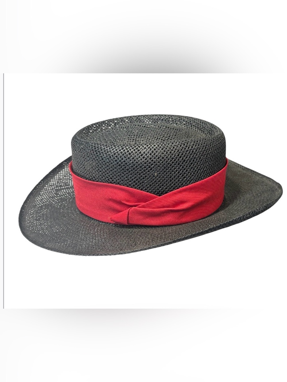 Woven Black Straw Hat with Red Fabric Band - Women's Summer Hat